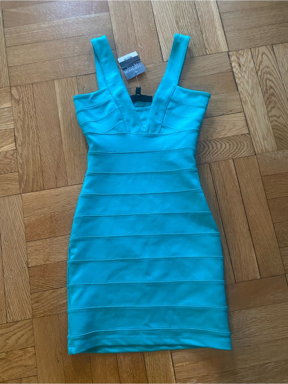 Turquoise Mini Bandage Dress with V-Neck Straps